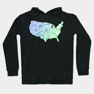 Colorful mandala art map of the United States of America in blue and green on white background Hoodie